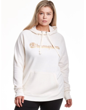 Champion Plus Powerblend Fleece Drop Shadow Foil Script Logo Kadın Kapüşonlu Sweatshirt Beyaz | MB0457269