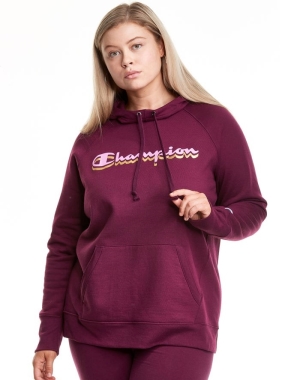 Champion Plus Powerblend Fleece Drop Shadow Foil Script Logo Kadın Kapüşonlu Sweatshirt Koyu Mor | MZ1259780
