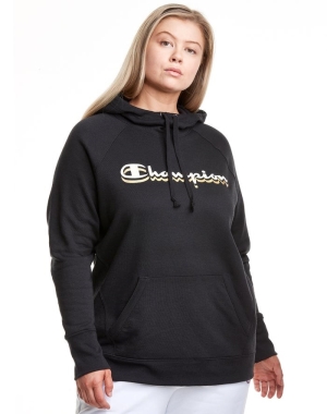 Champion Plus Powerblend Fleece Drop Shadow Foil Script Logo Kadın Kapüşonlu Sweatshirt Siyah | PE6048597