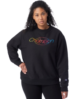 Champion Plus Reverse Weave Crew Rainbow Logo Kadın Tişört Siyah | BI7021894