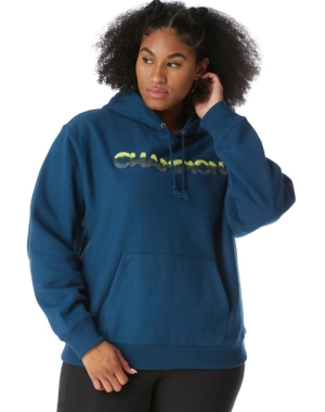 Champion Plus Reverse Weave Ombre Chenille Applique Kadın Kapüşonlu Sweatshirt Mavi | FW9586124