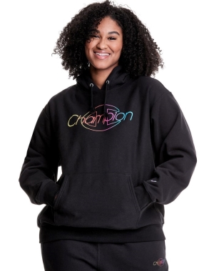 Champion Plus Reverse Weave Rainbow Logo Kadın Kapüşonlu Sweatshirt Siyah | KT5281406