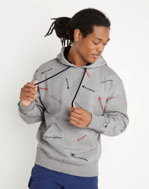 Champion Powerblend All Over Logo Erkek Kapüşonlu Sweatshirt Gri | HT7356210