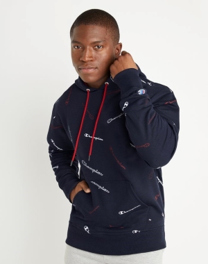 Champion Powerblend All Over Logo Erkek Kapüşonlu Sweatshirt Lacivert | WD7860543