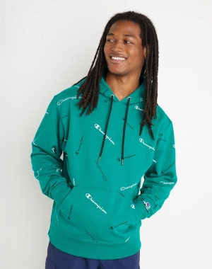 Champion Powerblend All Over Logo Erkek Kapüşonlu Sweatshirt Yeşil | YT4607915