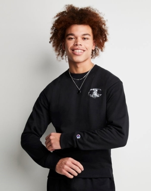 Champion Powerblend Fleece Crew Chasing Waves Erkek Tişörtü Siyah | HU5713462