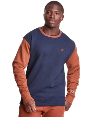 Champion Powerblend Fleece Crew Double Collar Crew Embroidered C Logo Erkek Tişörtü Lacivert Kahverengi | GO1984670