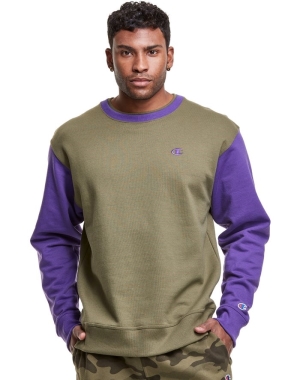 Champion Powerblend Fleece Crew Double Collar Crew Embroidered C Logo Erkek Tişörtü Zeytin Yeşili Mor | QR9142756