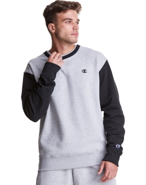 Champion Powerblend Fleece Crew Double Collar Crew Embroidered C Logo Erkek Tişörtü Gri Siyah | UD6023879