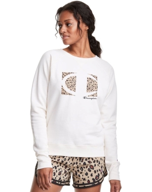 Champion Powerblend Fleece Crew Leopard Colorblock Logo Kadın Tişört Beyaz | LO2607519