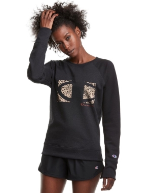 Champion Powerblend Fleece Crew Leopard Colorblock Logo Kadın Tişört Siyah | SZ0594673
