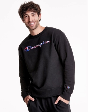 Champion Powerblend Fleece Crew Liquid Filled Script Logo Erkek Tişörtü Siyah | MW7549268