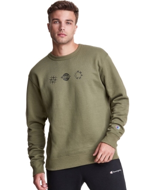 Champion Powerblend Fleece Crew Multi-Logos Erkek Tişörtü Zeytin Yeşili | NS6891045