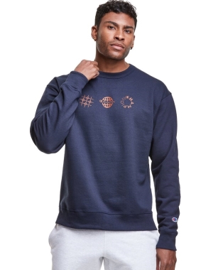 Champion Powerblend Fleece Crew Multi-Logos Erkek Tişörtü Lacivert | PO6072413