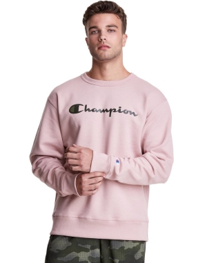Champion Powerblend Fleece Crew Script Logo Erkek Tişörtü Pembe | EB0692348
