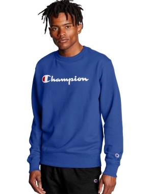 Champion Powerblend Fleece Crew Script Logo Erkek Tişörtü Mavi | UL1039624