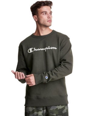 Champion Powerblend Fleece Crew Script Logo Erkek Tişörtü Yeşil | YW7840961