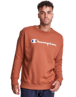 Champion Powerblend Fleece Crew Script Logo Erkek Tişörtü Kahverengi | ZJ2178560