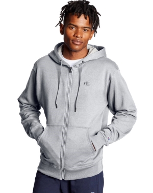 Champion Powerblend Fleece Full Zip C Logo Erkek Kapüşonlu Sweatshirt Gri | KN5640871