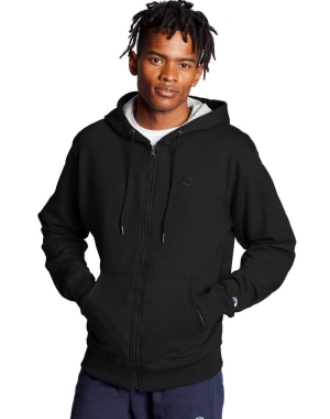 Champion Powerblend Fleece Full Zip C Logo Erkek Kapüşonlu Sweatshirt Siyah | NA7810453