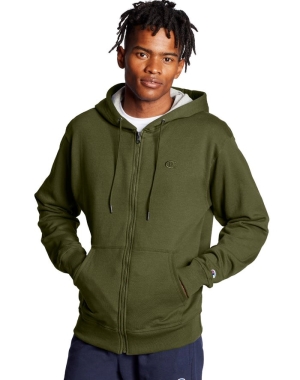 Champion Powerblend Fleece Full Zip C Logo Erkek Kapüşonlu Sweatshirt Zeytin Yeşili | QB2678139