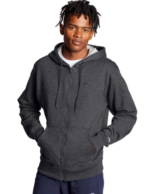 Champion Powerblend Fleece Full Zip C Logo Erkek Kapüşonlu Sweatshirt Koyu Gri | YT1897035