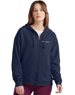 Champion Powerblend Fleece Full Zip Kadın Kapüşonlu Sweatshirt Lacivert | HD5970186
