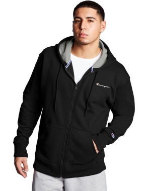Champion Powerblend Fleece Full Zip Script Logo Erkek Kapüşonlu Sweatshirt Siyah | LU6382175