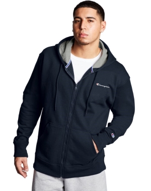 Champion Powerblend Fleece Full Zip Script Logo Erkek Kapüşonlu Sweatshirt Lacivert | NG8076193
