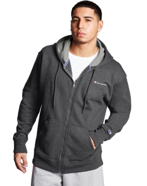 Champion Powerblend Fleece Full Zip Script Logo Erkek Kapüşonlu Sweatshirt Koyu Gri | SF9413027