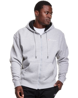 Champion Powerblend Fleece Full Zip Script Logo Erkek Kapüşonlu Sweatshirt Gri | UR0947536