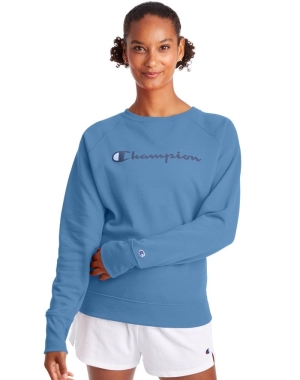 Champion Powerblend Fleece Klasik Crew Script Logo Kadın Tişört Mavi | NA6035417
