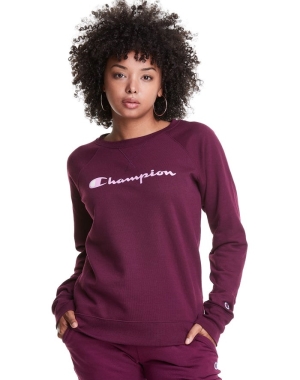 Champion Powerblend Fleece Klasik Crew Script Logo Kadın Tişört Koyu Mor | OJ0493562