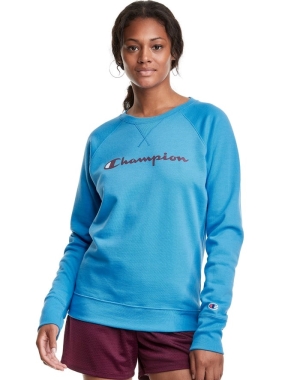 Champion Powerblend Fleece Klasik Crew Script Logo Kadın Tişört Mavi | SI5841679