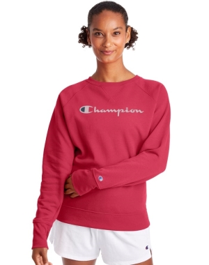Champion Powerblend Fleece Klasik Crew Script Logo Kadın Tişört Kırmızı | XC7851493