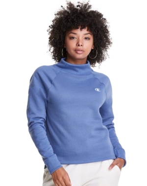 Champion Powerblend Fleece Mock Neck Embroidered Logo Kadın Tişört Mavi | AE5217486