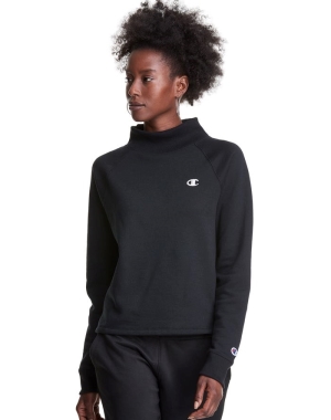 Champion Powerblend Fleece Mock Neck Embroidered Logo Kadın Tişört Siyah | CZ1749328
