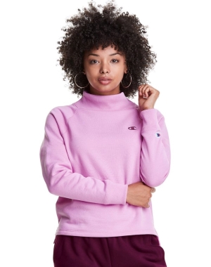 Champion Powerblend Fleece Mock Neck Embroidered Logo Kadın Tişört Pembe | IP6257910
