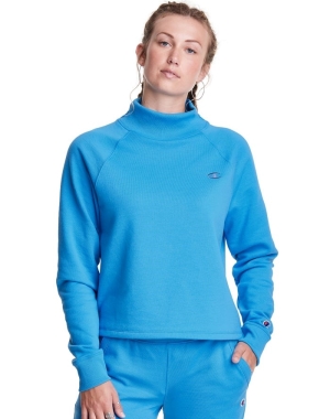Champion Powerblend Fleece Mock Neck Embroidered Logo Kadın Tişört Mavi | XN1439507
