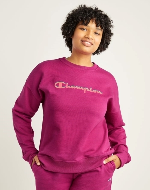 Champion Powerblend Fleece Relaxed Crew Script Logo Kadın Tişört Pembe | DM3759061
