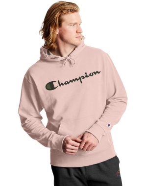 Champion Powerblend Fleece Script Logo Erkek Kapüşonlu Sweatshirt Pembe | AY4082936