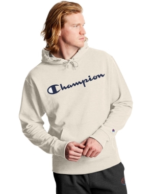 Champion Powerblend Fleece Script Logo Erkek Kapüşonlu Sweatshirt Krema | CZ5042617