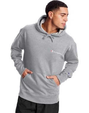 Champion Powerblend Fleece Script Logo Erkek Kapüşonlu Sweatshirt Gri | FB4760859