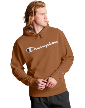 Champion Powerblend Fleece Script Logo Erkek Kapüşonlu Sweatshirt Kahverengi | KP0671829
