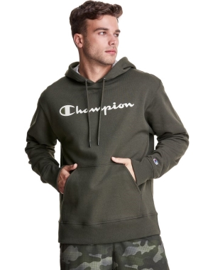 Champion Powerblend Fleece Script Logo Erkek Kapüşonlu Sweatshirt Koyu Yeşil | PA3219805