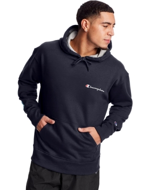 Champion Powerblend Fleece Script Logo Erkek Kapüşonlu Sweatshirt Lacivert | QW4052978
