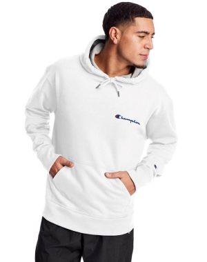 Champion Powerblend Fleece Script Logo Erkek Kapüşonlu Sweatshirt Beyaz | SL8319764