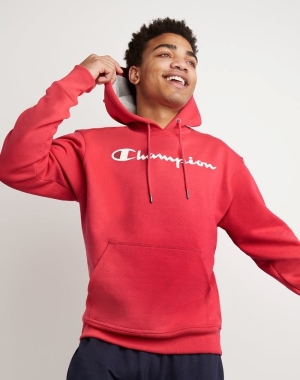 Champion Powerblend Fleece Script Logo Erkek Kapüşonlu Sweatshirt Kırmızı | TG2630951