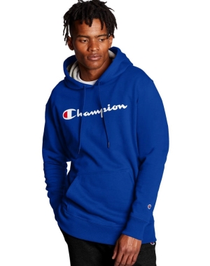 Champion Powerblend Fleece Script Logo Erkek Kapüşonlu Sweatshirt Mavi | TV5209371