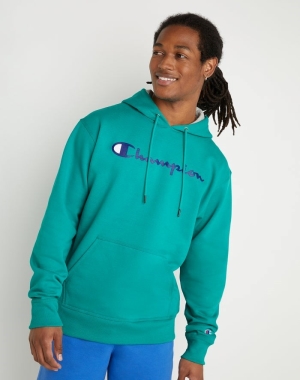 Champion Powerblend Fleece Script Logo Erkek Kapüşonlu Sweatshirt Yeşil | UM4978260
